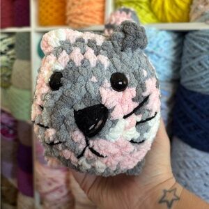 Handmade Crochet large pink & gray loaf cat plush
